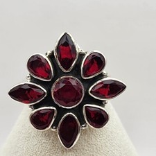 Red Glass Flower Ring Silver Tone Size 7.75