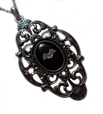 Gothic Victorian Pendant Steampunk Black Cameo Necklace Bat Skull Key Jewelry 