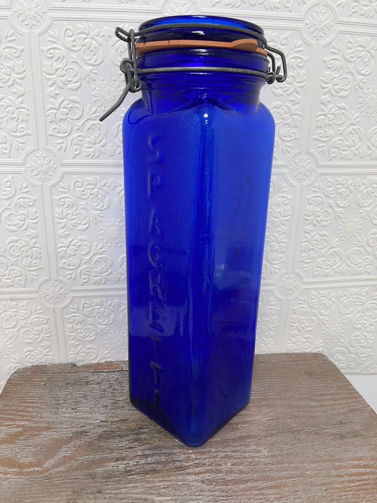 Pier 1 Italy Cobalt Blue Glass Spaghetti Jar Casadis Milano Bail Trigger Vintage