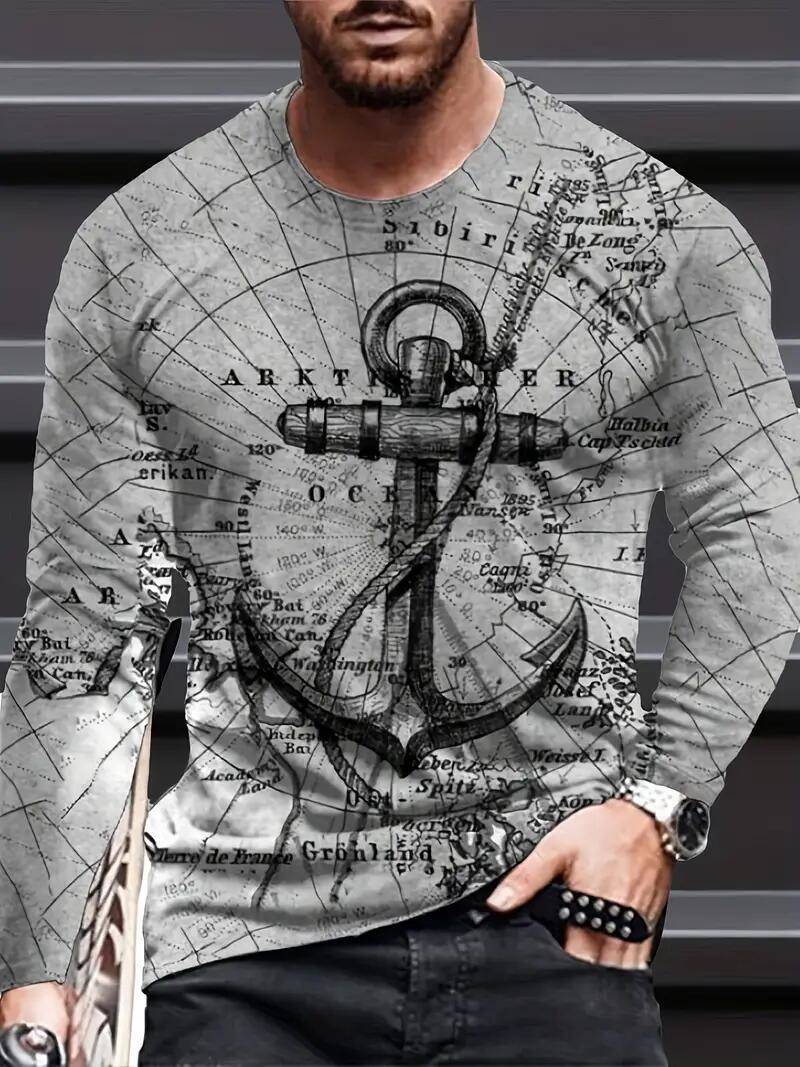 Camisa Hombre Gris Ancla Náutica Marinero Gráfica Moda Ropa Calle Manga Ancha