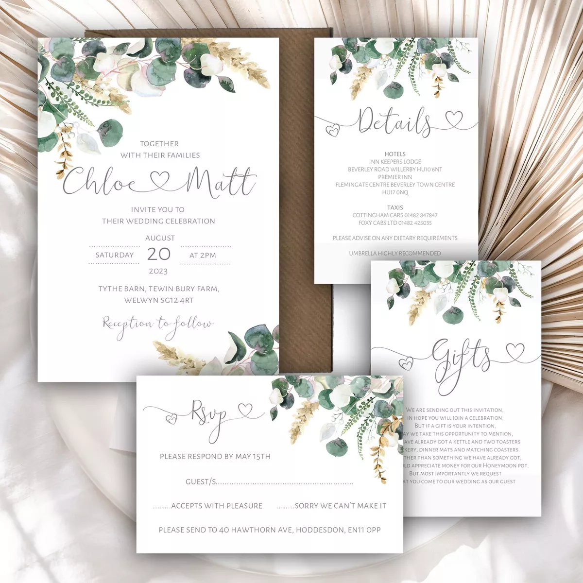 Personalised Rustic Wedding Invitations EUCALYPTUS LEAVES & PAMPAS packs of  10