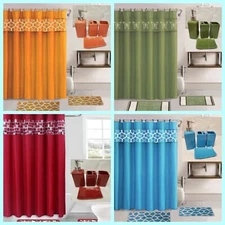 COMPLETE BATHROOM SET 2 BATH MATS 1 SHOWER CURTAIN & FABRIC HOOKS AND CERAMIC