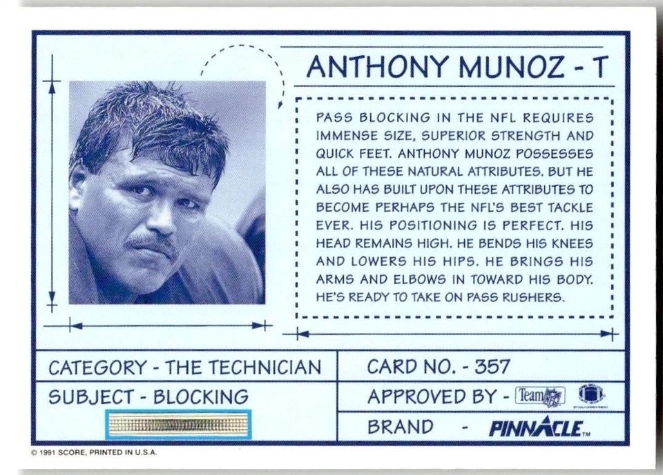 1991 Pinnacle #357 Anthony Munoz - Image 2 of 2