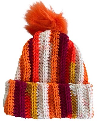 Crochet Ribbed Beanie With Faux Fur Pom Pom - Adult Size! Citrus Twist