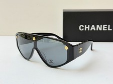 CHANEL CH5569 Shield Sunglasses Black Frame Gray Lens Gold Logo 99-1-140