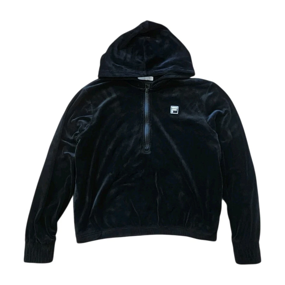 Sudadera con Capucha FILA Terciopelo Media Cremallera De Colección Negra Para Mujer’s M Y2K Athleisure Foto 3 de 4