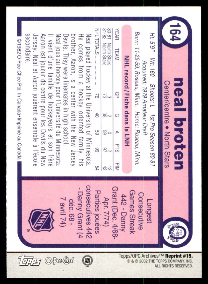 2001-02 Topps / O-Pee-Chee Archives Neal Broten #15 - Image 2 of 2