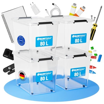 ATHLON TOOLS 4×80 L Boxen mit Deckel, transparent, stapelbar, lebensmittelecht - Bild 1 von 4