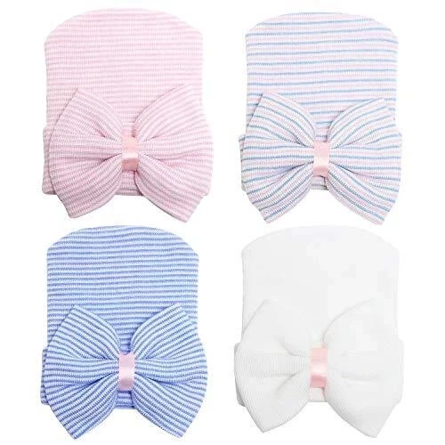 4 Pack Newborn Hospital Big Bow Hat Infant Baby Hat (0-3 Months)
