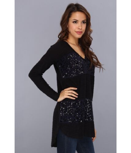 NUEVO✿ Free People S CAMISA SUÉTER TOP Pulóver Negro Azul Lentejuelas Leopardo $168 RV - Imagen 4 de 4