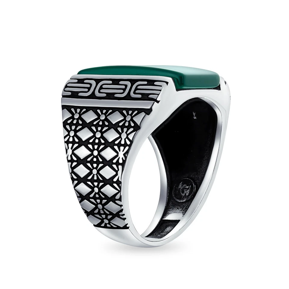 Forma Rettangolare Massiccio Verde Naturale Onice 925 Argento Anello per Uomo - Immagine 2 di 4