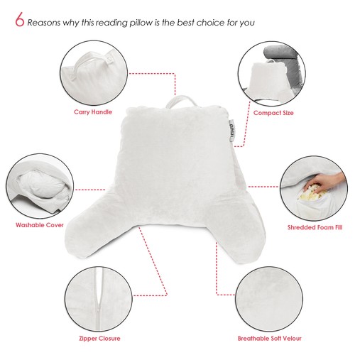Super Foam Reading Pillow, TV & Bed Rest Pillow, Arms Support With Pockets White - Picture 6 of 7