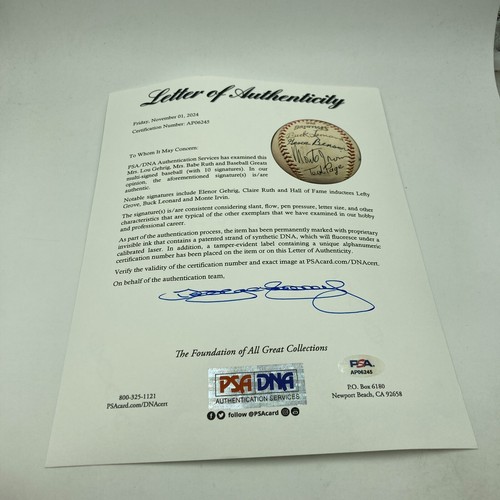 Mrs. Babe Ruth & Mrs. Lou Gehrig Signed Baseball With Satchel Paige PSA DNA COA - Picture 4 of 10