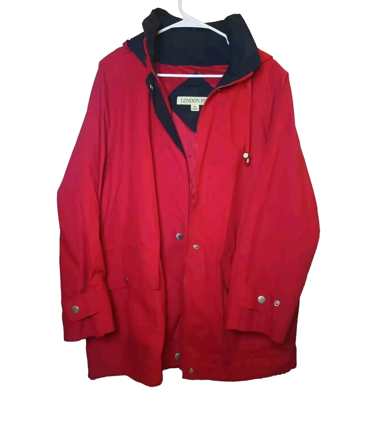 London Fog Men's Red Winter Coat Size L Full Zip Hoodie Pockets Jacket Pre-owned