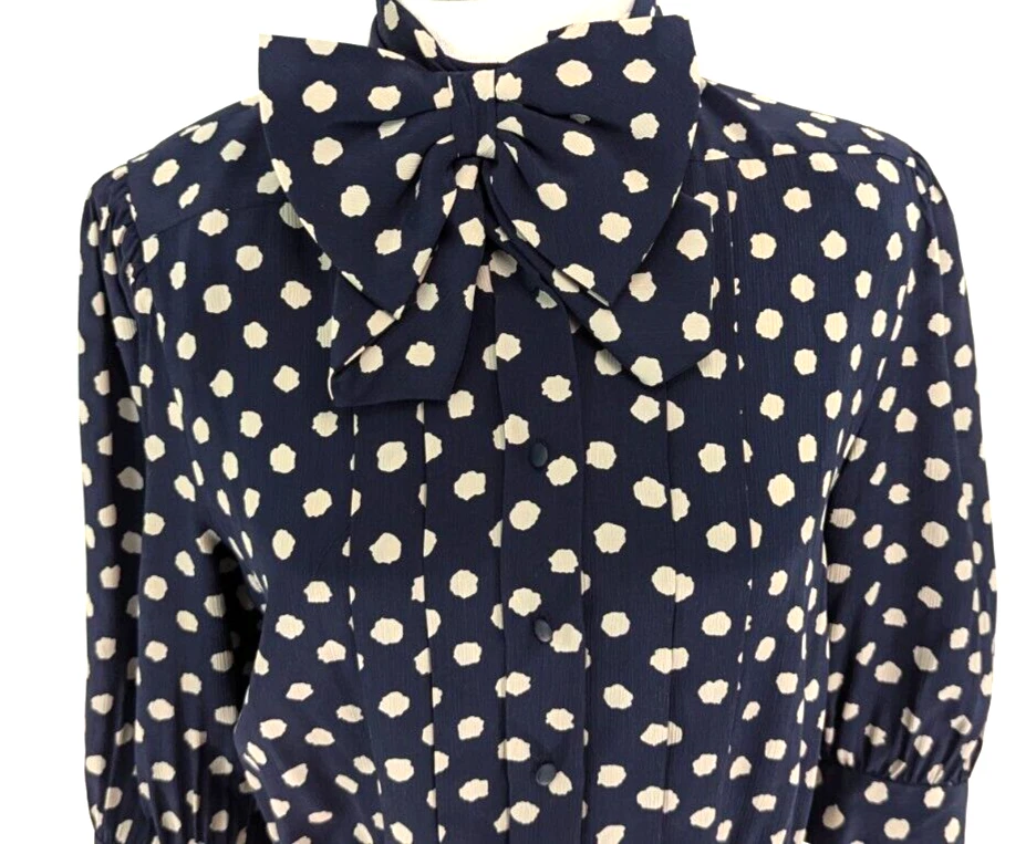 Vtg NINA RICCI Paris Size 6 Silk Top Blouse Bow Navy Polka Dot HONG KONG ~ VEUC* - Image 2 of 4