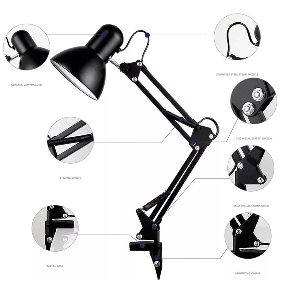 Metal Desk Lamp Adjustable Swing Arm Interchangeable Base & Clamp Reading Light - Image 3 of 4