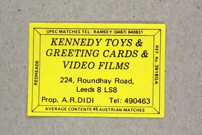 Matchbox Label Kennedy Toys Films Video 224 Roundhay Road Leeds 8 LS8 MK936