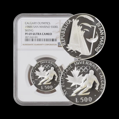 SAN MARINO. 1988, 500 Lire, Silver - NGC PF69 - Top Pop 🥇 Olympics Skiing, RARE