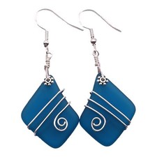 Hawaiian Jewelry Sea Glass Earrings, Wire Teal Earrings, Beach Jewelry Sea
