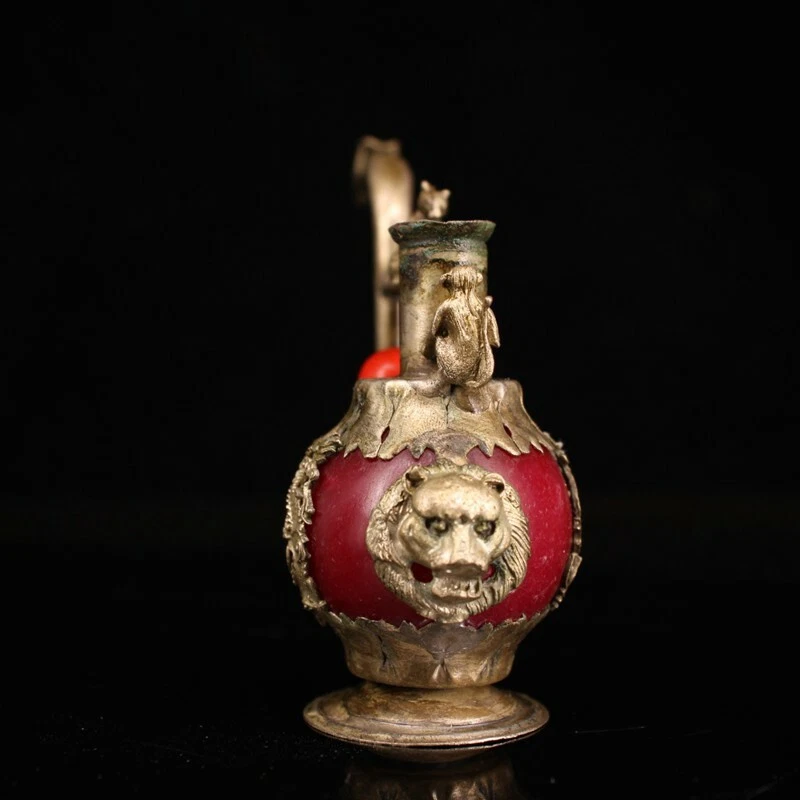 Старый китайский тибет серебряная инкрустация красный нефрит ручной работы трубка курительные инструменты 6802 - Изображение 4 из 4