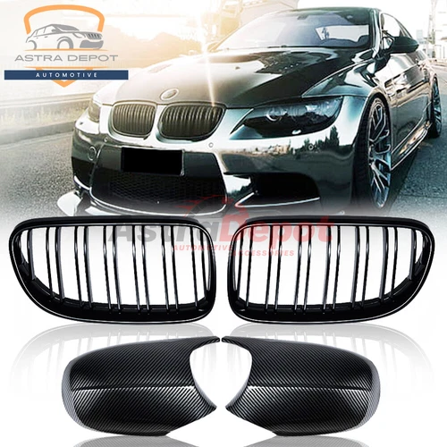 Black Kidney Grill + Carbon Fiber Mirror Caps For BMW E92 E93 Coupe LCI 2011-13
