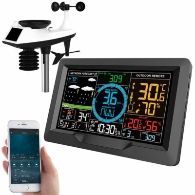 infactory WLAN-Wetterstation-Set mit XL-Farb-Display, Außensensor, App, Wecker