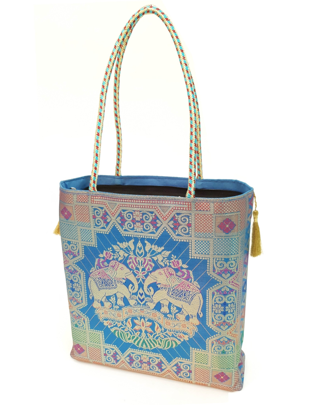 Turquoise Blue Hand Bag Banarasi Zari Brocade Golden Tassels Elephant Motif