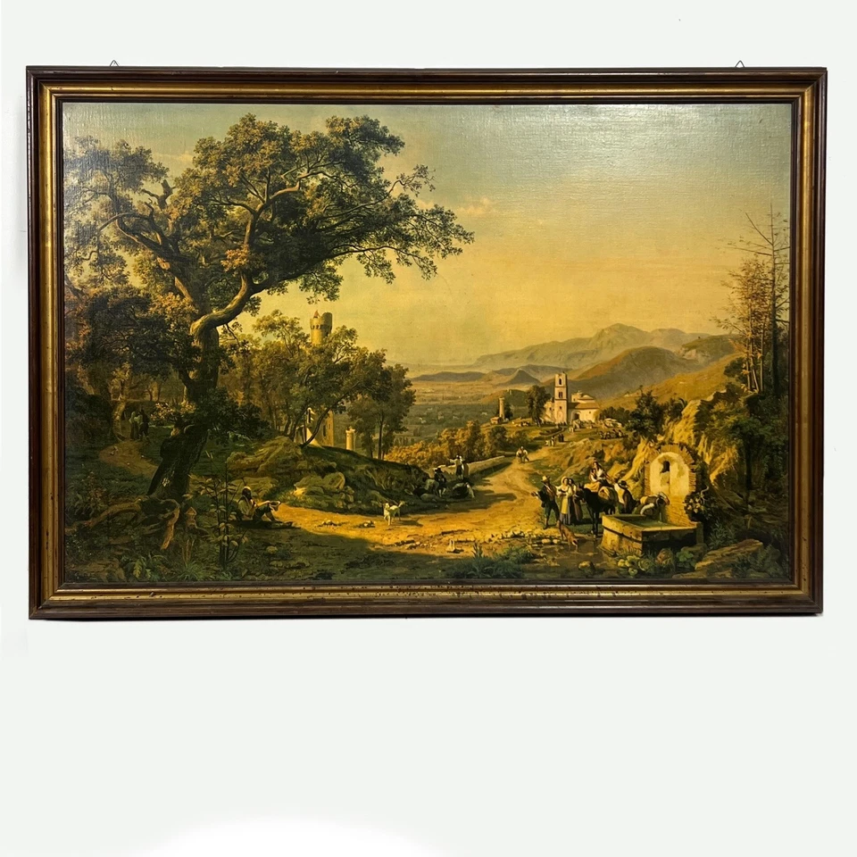 Grande Quadro stile antico dipinto olio stampa su tela Veduta della Cava Palizzi - Immagine 2 di 4