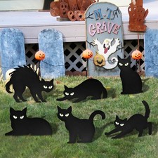 6 Pack Black Cat Yard Signs with Glowing Eyes - Halloween Outdoor Decor