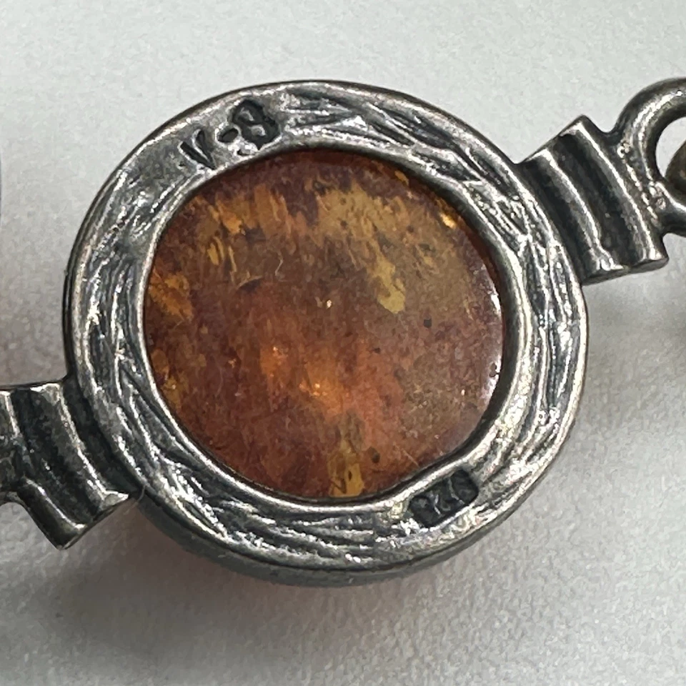 Antiga Pulseira de Prata Esterlina Mel Âmbar Báltico Valerio V-8 Polônia 7,5" Marca 925 - Imagem 2 de 4