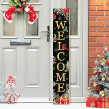 Christmas Welcome Sign for Front Porch Standing, Holly Xmas Themed Wooden Porch