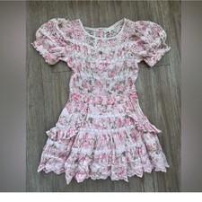 LoveShackFancy Newton Pink Floral Eyelet Lace Mini Dress Ruffle Puff Sleeve S