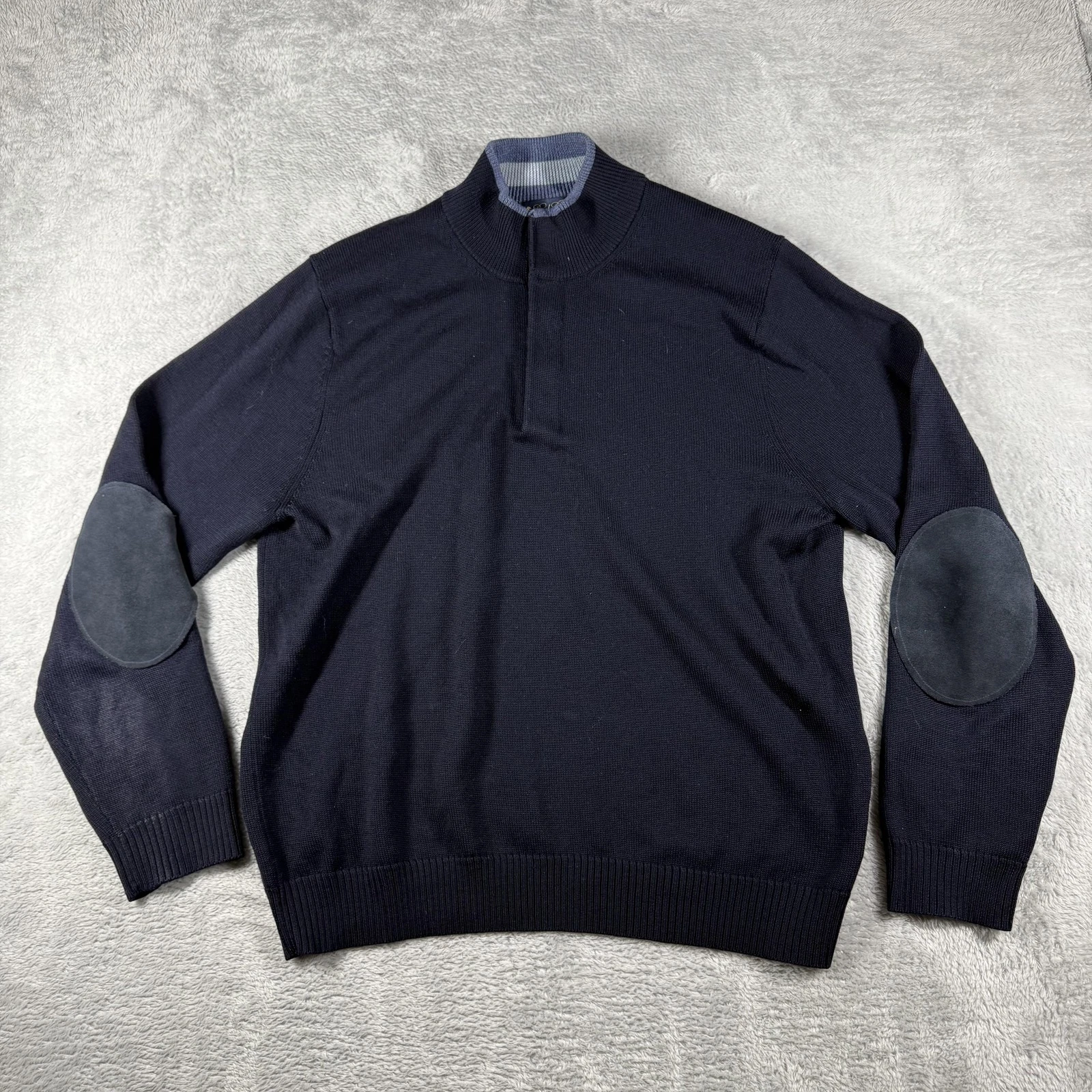 Brooks Brothers Sweater Mens Large Blue Italian Merino Wool Elbow Patch Grandpa