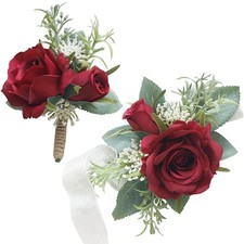 Wrist Corsage And Boutonniere Set Artificial Rose Burgundy 2 Pieces Set