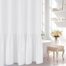White Ruffle Shower Curtain with Waterproof TPU Backed, French Country Elegant