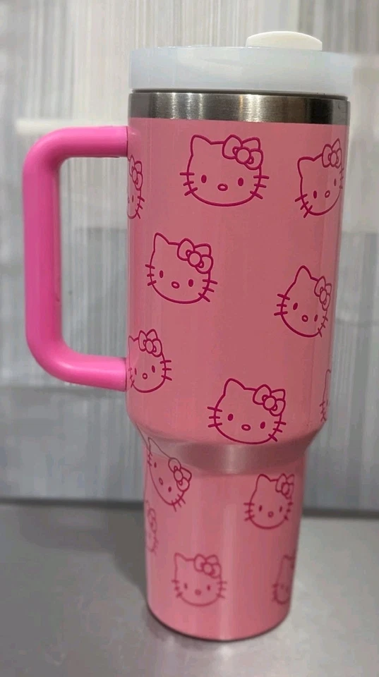Hello Kitty Pink Stainless Steel Travel Mug Tumbler w/Handle, Lid & Straw  30oz - Image 3 of 4