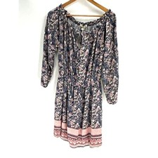 NWT Jolt Boho Floral Peasant Mini Dress Large Navy Pink Off Shoulder Long Sleeve