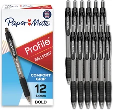 Paper Mate Profile Retractable Ballpoint Pens, Bold Point (1.4Mm), Black, 12 Cou
