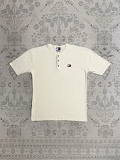 Vintage 90s Tommy Jeans Henley T-Shirt Cream Made In USA Size XL