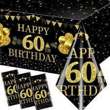 3Pcs 60th Birthday Tablecloth Decorations - Black Gold Happy 60 Birthday Tabl...