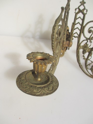 Antique Brass Piano Candle Holders Lights Sconces Old Victorian Gilt Rococo - Picture 7 of 18