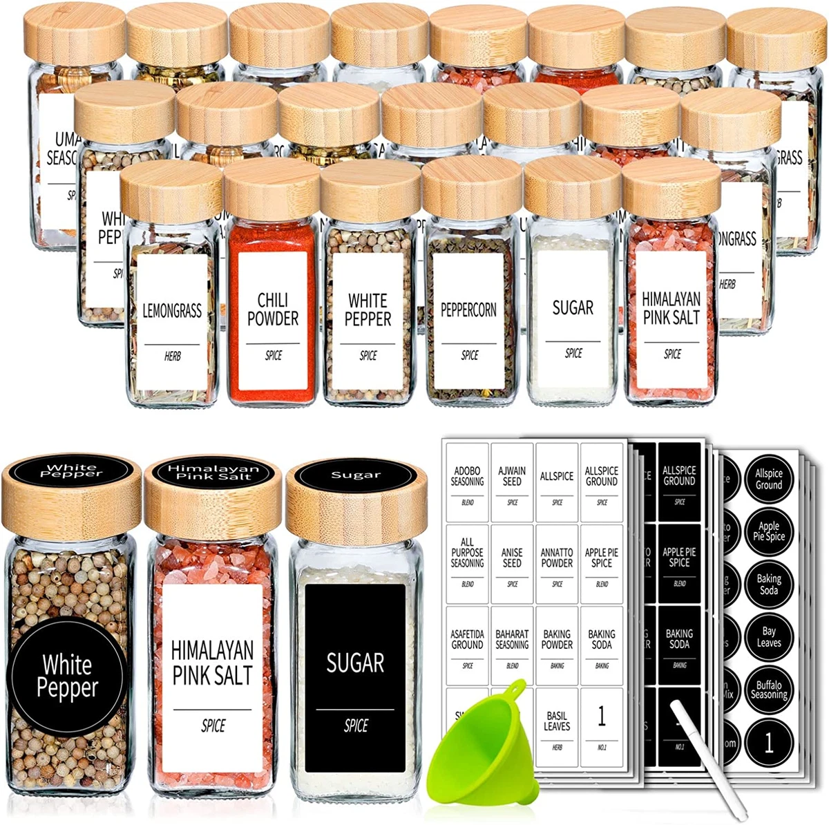 48 Spice Jars with Labels- Spice Jars with Bamboo Lids - 4 Oz