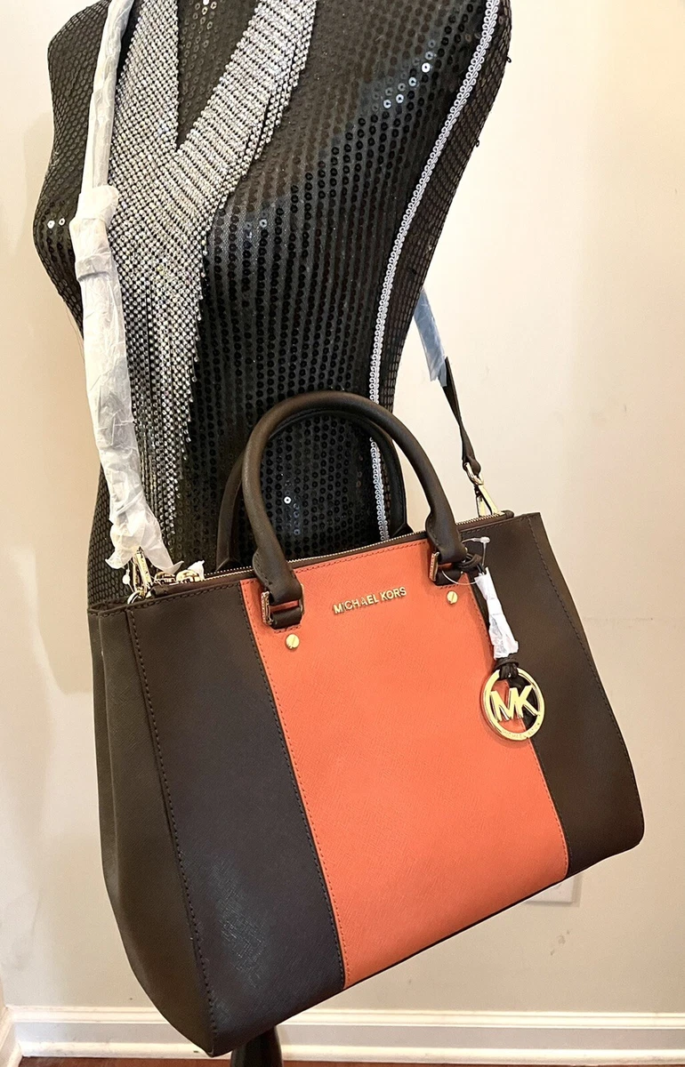 Michael Kors Sutton Coffee Brown Orange Center Stripe large Satchel NWT
