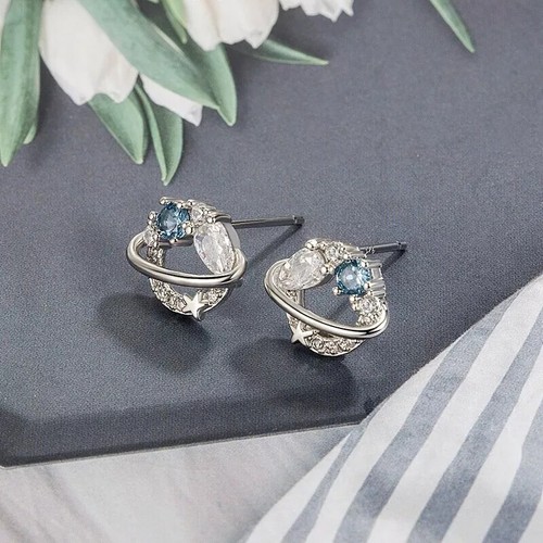 925 Sterling Silver Star Cute Light Blue Planet CZ Stud Earrings Women Girl Gift - Picture 2 of 9