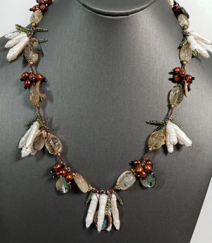 Unique Necklace Made With Pearls Abalone Quartz & Sead Beads Artisan - Picture 4 of 11
