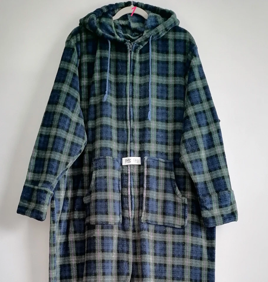 Alexander Del Rossa Men's One Piece Footed Green Blue Plaid Pajamas Size L - Image 2 of 4