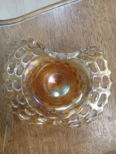 VINTAGE Fenton Carnival Marigold laced edge basket weave bottom glass bowl