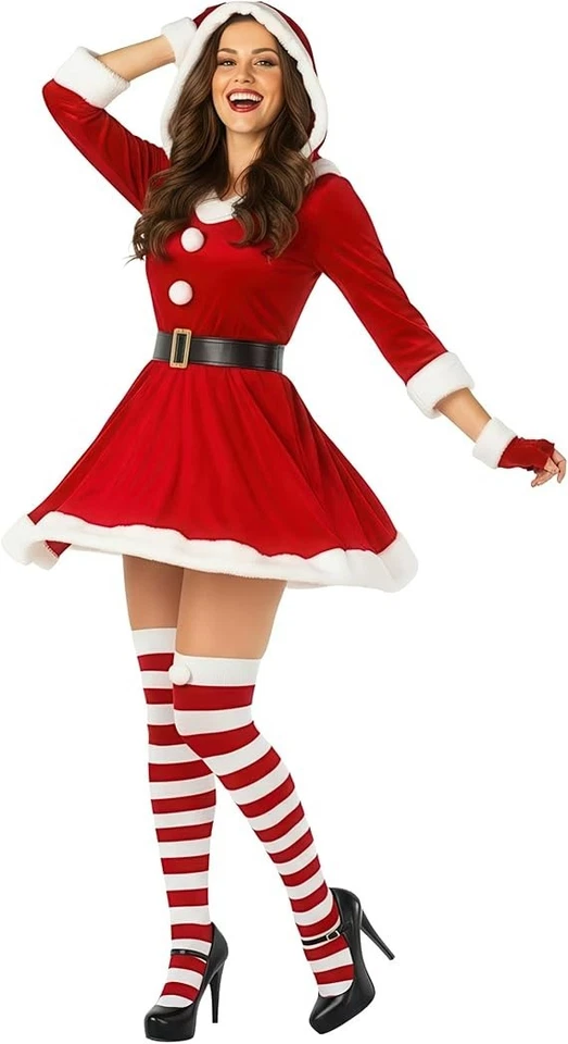 Fantasia feminina Miss Claus meias luvas adulto vestido de Natal senhora Papai Noel P - 3XL - Imagem 2 de 4