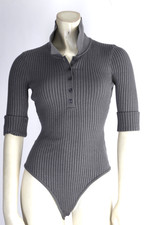 Ribbed Knit Henley Bodysuit Gray Short Sleeve Button Front One Piece S Designer