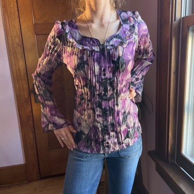 VTG Y2K Crinkle Pleated Purple Metallic Gold Bell Sleeve Blouse S Fairycore Glam